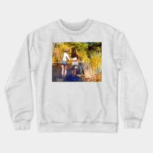 Two women girls wading in pond zen yoga buddhism Crewneck Sweatshirt